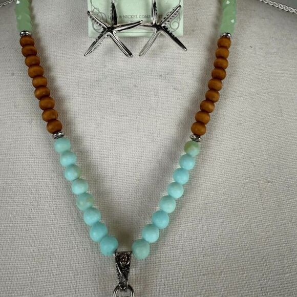 NWT Starfish Statement Necklace and Earrings Set Silver Tone Blue Green Wood - Picture 3 of 11
